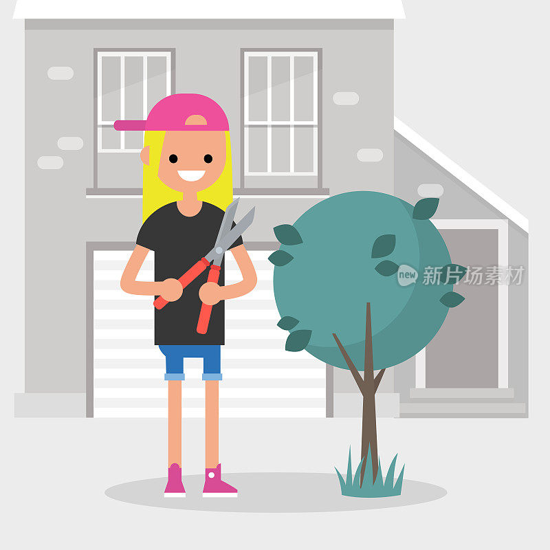 年轻的女孩正在用修枝机修剪灌木。园艺。季节性工作在花园/平面可编辑矢量插图
